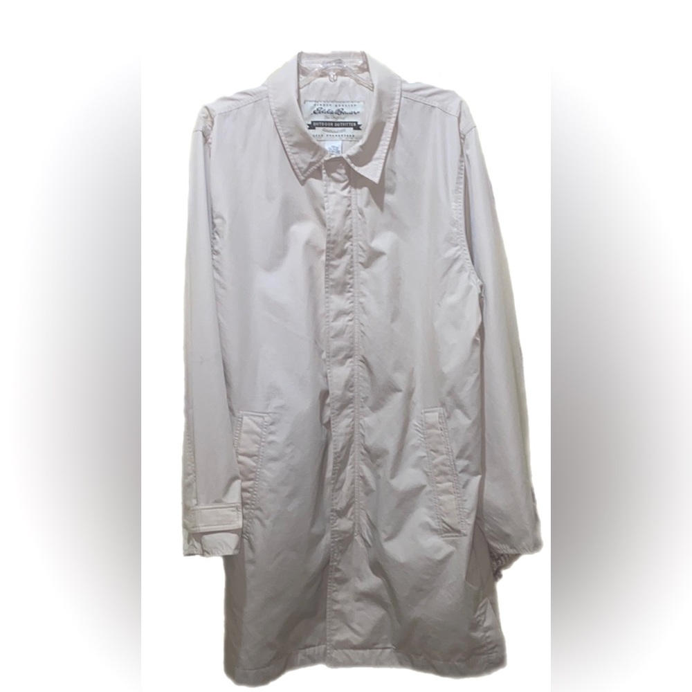 MEN EDDIE BAUER TRENCH VELCRO/ZIP FRONT CLOSURE, WELT POCKETS BEIGE SZ M